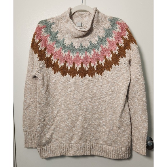 L.L. Bean Sweaters - L.L. Bean Women's Cotton‎ Ragg Sweater Large Funnel Roll Neck Fair Isle Beige